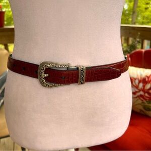 Western Red Leather Belt with Ornate Silver Buckle, reversible to black!